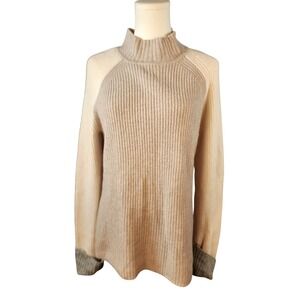 Splendid Mock Neck Sweater Beige Color Block Raglan Sleeve Ribbed Knit Size XS